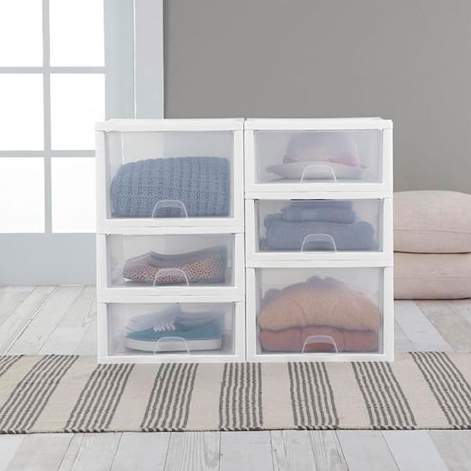 Sterilite 27 Qt (4 Pack) and 16 Qt (6 Pack) Clear Plastic Stackable Organizer Drawers, White
