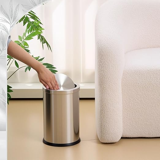 Maxdot 2 Pcs Silver Bathroom Trash Can with Flipping Lid 2.4 Gallon/9 L and Toilet Brush Set, Small Stainless Steel Garbage Trash Can Toilet Cleaner Brush Wastebasket Bin for Bathroom Bedroom Office