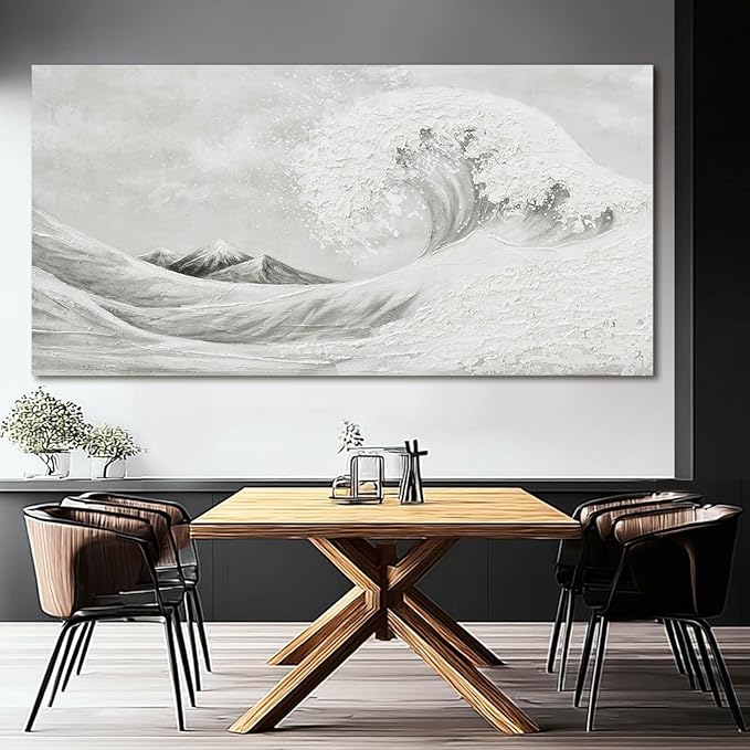 YETHEN WAL Textured Grey Wave Wall Art – Extra Large 3D Coastal Canvas, Neutral Minimalist Seascape for Living Room Bedroom, Hand-Painted Details, 29×58 Inch