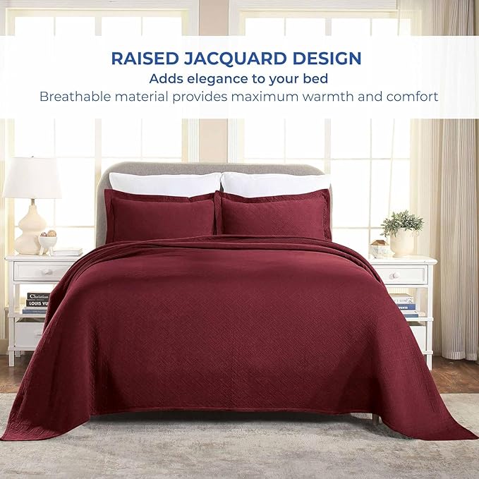 Superior 100% Cotton Basket Weave Bedspread with Shams, All-Season Premium Cotton Matelasse Jacquard Bedding, Quilted-Look Geometric Basket, Queen, Garnet