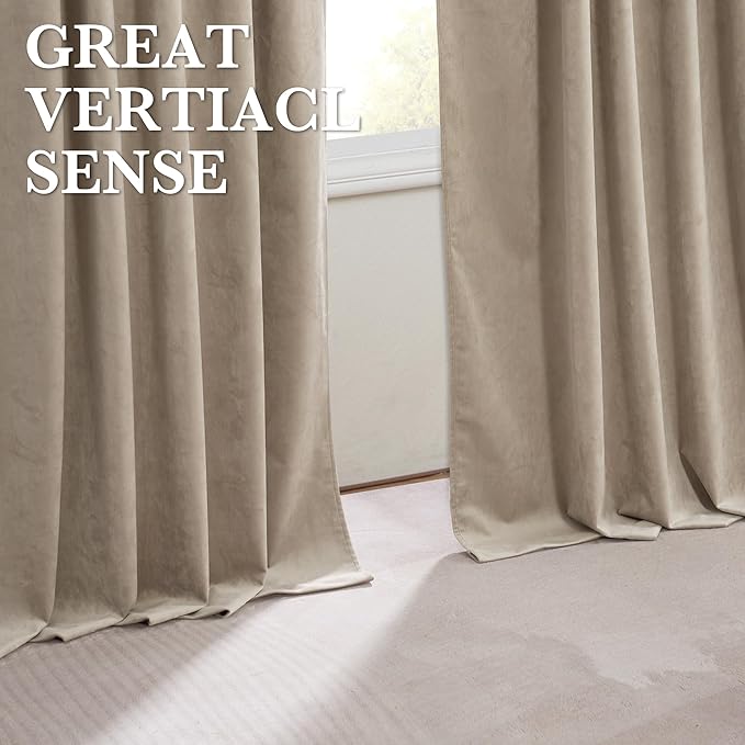 RYB HOME 100% Blackout Velvet Curtains for Living Room, Light Blocking Nursery Curtains 108 inches Long 2 Panels, Back Tab Thermal Insulated Window Drapes for Bedroom, Camel Beige, 52W x 108L