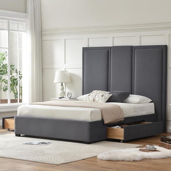 YUHUASHI Queen Size Bed Frame with 64-inch High Headboard, Simple and Airy Linen Upholstered Platform Bed with Storage Drawers, Wood Slat, No Noise (Grey, Queen (U.S. Standard))
