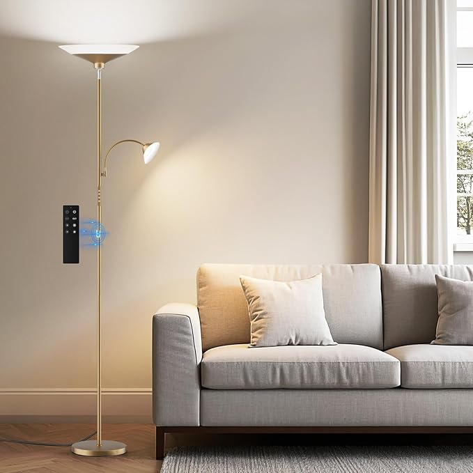 Gold Torchiere Floor Lamp - 2 Way LED Standing Lamp with Reading Light, Dimmable 72'' Tall Lamp with Remote Color Changing, 34W Mordern Uplighter for Living Room Bedroom Office
