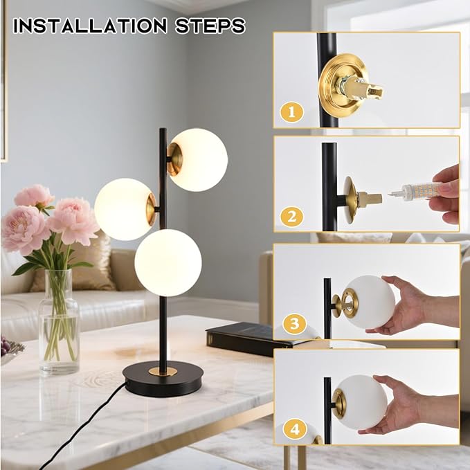 3-Light Black and Gold Table Lamp, Milk White Glass Globe Table Lamp for Nightstand, Mid Century Modern Bedside Lamps for Bedroom Living Room Office, G9 Base (Bulbs Not Included)