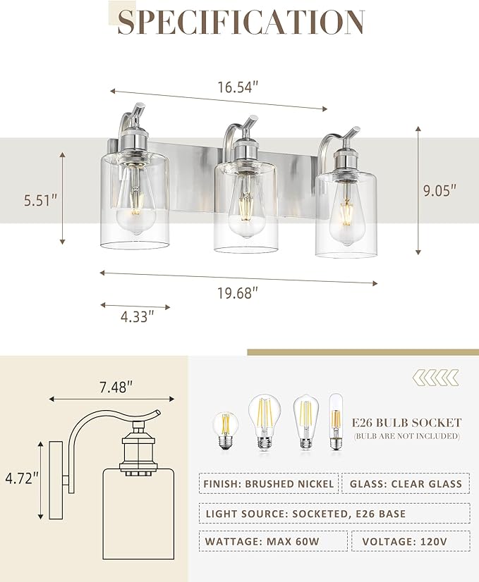 3-Light Bathroom Vanity Light, Brushed Nickel Wall Sconce, Modern Bathroom Light with Clear Glass, VL01BN-3