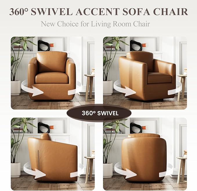 360° Swivel Accent Chair- Comfy Living Room Armchair No-Sag Foam & Sturdy Metal Base with Pillow, Fully Assembled Swivel Accent Single Sofa for Bedroom Living Room, Office, Brown