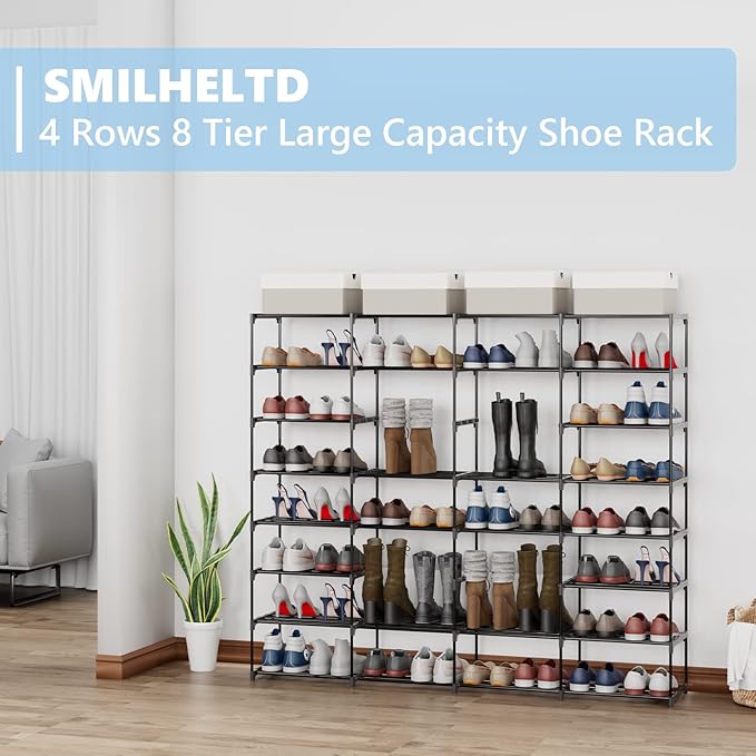 Shoe Rack Large Capacity 4 Rows 8 Tier 56-64 Pairs Shoes Sneaker Stackable Storage Organizer Garage Entryway Hallway Front Doorway Shoe Unit Shelves Space Saving