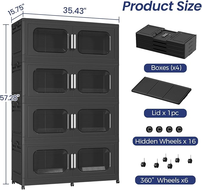 200GAL Extra Large Storage Bins with Lid, 800QT Storage Bins with Wheels, Folding Closet Organizer, Stackable Collapsible Plastic Storage Containers for Home, Office, Kitchen, 4Pack Black