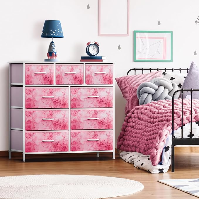 Sorbus Kids Dresser with 9 Drawers - Furniture Storage Chest Tower Unit for Bedroom, Hallway, Closet, Office Organization - Steel Frame, Wood Top, Tie-dye Fabric Bins (Pink, Tie-dye)