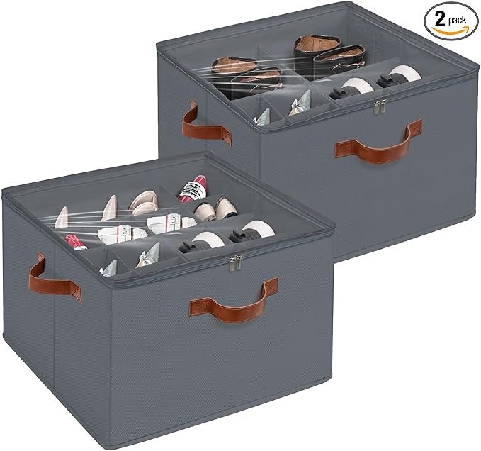 Shoe Organizer for Closet, Foldable Shoe Storage Box with Clear Top Lid, 3 Leather Handles, Adjustable Dividers, Fits 8-16 Pairs, Stackable Shoe Bin for Bedroom (Gray, 2 PCS/16.9*11.8*1.57 inch)