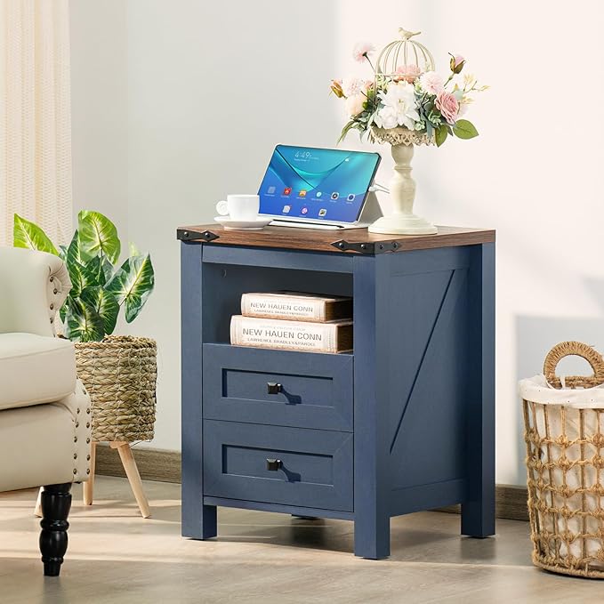 Joaxswe Nightstands Set of 2 with Charging Station, Farmhouse Night Stand with 2 Drawers and Shelf Storage, Wooden Side End Table, Bedside Cabinet for Bedroom, Living Room, Closet,Office (Blue) | with 2 Drawers, and Shelf Storage, Bedside Cabinet, for ...