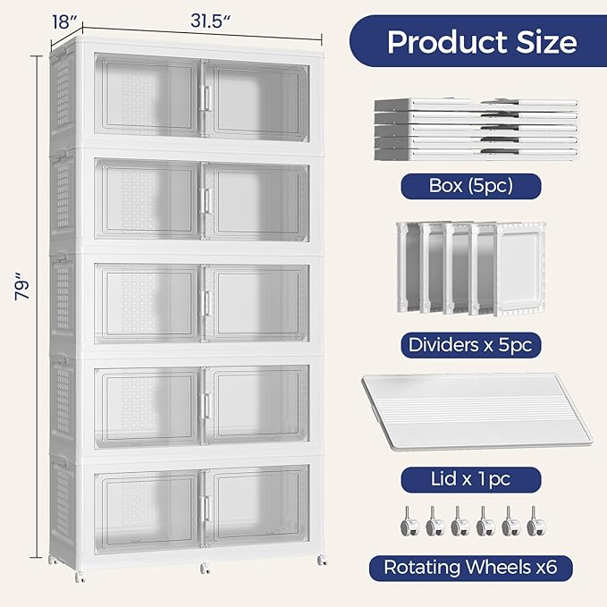 250GAL Storage Bins with Lid and Wheels, Stackable Closet Organizers and Storage Drawer, Collapsible Storage Box with Dividers, Foldable Plastic Cabinets for Room, Kitchen, 5 Pack White
