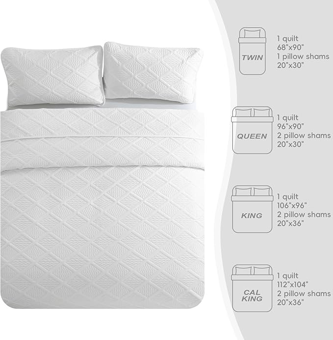 Yiran White Quilt Set King Size Fall Bedspreads Embossed Diamond Pattern 3 Piece Soft Microfiber Coverlet for All Season with 2 Pillow Shams (King, 106x96 Inch)