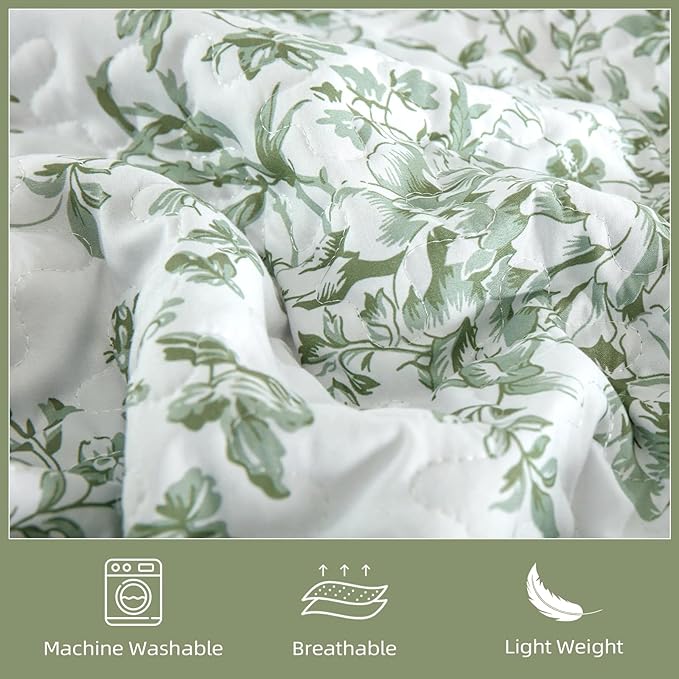 WONGS BEDDING Quilt King Size, Sage Green Quilt Bedding Set with 2 Pillowcases, Botanical Quilt for King Bed, Soft Microfiber Lightweight Coverlet Bedspread for All Season (110"×90", 3 Pieces)