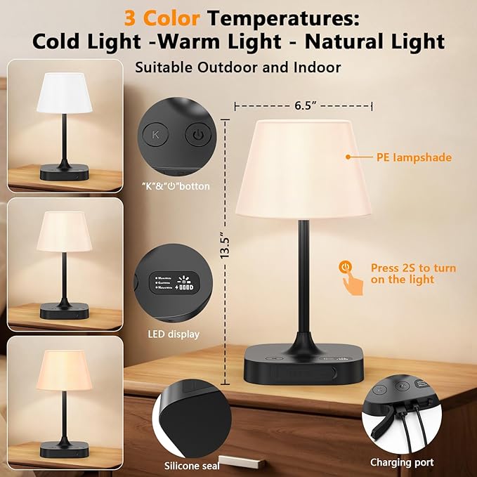 Outdoor Table Lamp - 8000mAh Cordless Rechargeable Battery,Dimmable LED Display Touch Lamp for Camping Patio and Bedroom (Black)