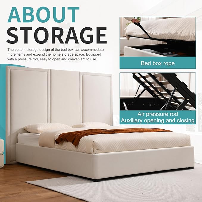 YUHUASHI King Size Bed Frame with 64-inch High Headboard, Simple and Airy Linen Upholstered Platform Bed with Storage Drawers, Wood Slat, No Noise (Beige, King(Hydraulic Lift))