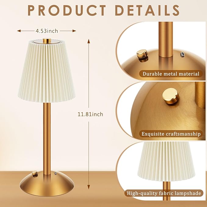Liliful 4 Pcs Cordless Table Lamp Rechargeable Touch LED Small Gold Portable Battery Operated USB-c Desk Lamp 3 Color Dimmable for Bedroom Living Room Dining (Gold,Beige Cloth Style)