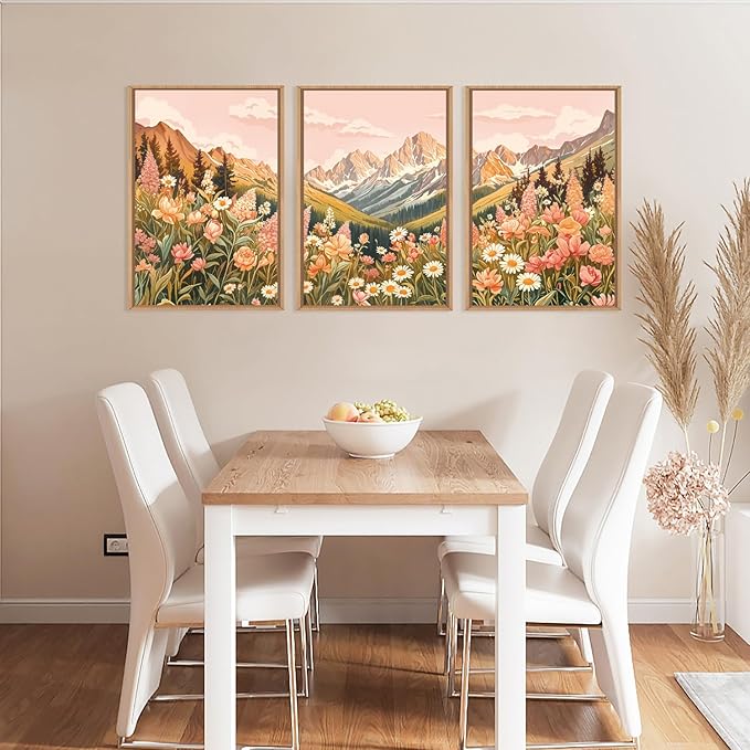 LHIUEM Large Abstract Colorful Mountain Framed Canvas Wall Art,Boho Pink Flower Wall Decor, Nature Wildflower Wall Painting,Bohemian Artwork for Living Room,Bedroom,Dining Room,Office -24"x36"x3
