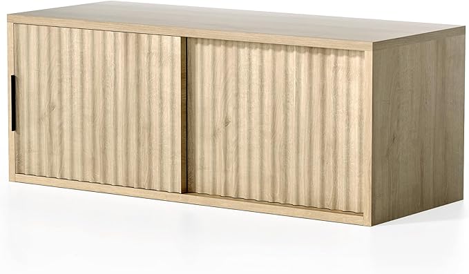 Large Wall Nightstand with Sliding Doors, Modern Fluted Night Stand Storage Shelf Wall Mounted Bedside Tables for Bedroom, Study Room Light Oak