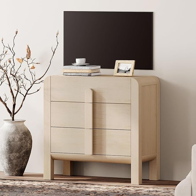 WAMPAT 3 Drawer Dresser for Bedroom,31.5" Wide Mid Century Modern Wide Chest of Drawer, Wood Tall Nightstand with Curved Edge Handles, Closet Dresser TV Stand for Bedroom, Beige