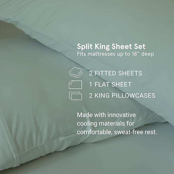 SHEEX - Original Performance Sheets Set (Split King) Graphite - Cooling Sheets - Moisture Wicking - 1 Flat Cooling Sheet, 1 Fitted Cooling Sheet, 2 King Pillow Covers - Wrinkle Free - Sleep Aid