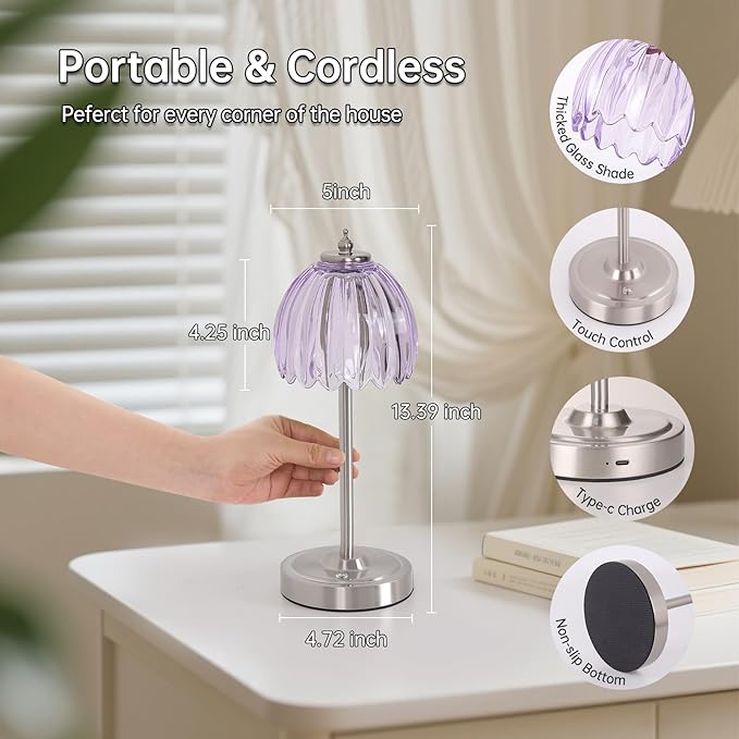 Tulip Table Lamp with 5200mAh Battery & Touch Control, Cordless Small Table Lamp with 3 Colors, Dimmable Rechargeable Table Lamps for Living Room, Bedroom, Desk, Bedside (Clear Purple Tulip)