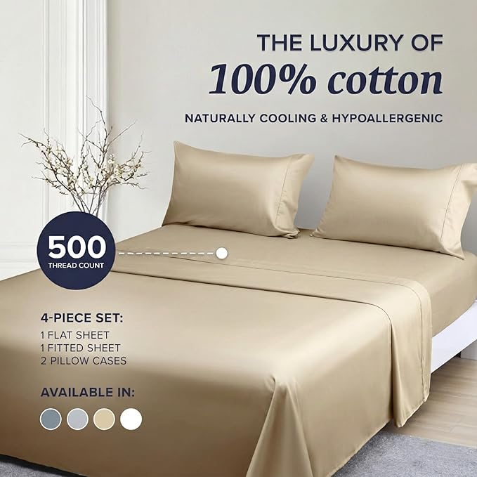 Beckham Hotel Collection Cal King Sheet Set 100% Cotton, 500TC Luxury Sateen Bedding, 16” Deep Pocket, Moisture-Wicking, 4-Piece, Sand