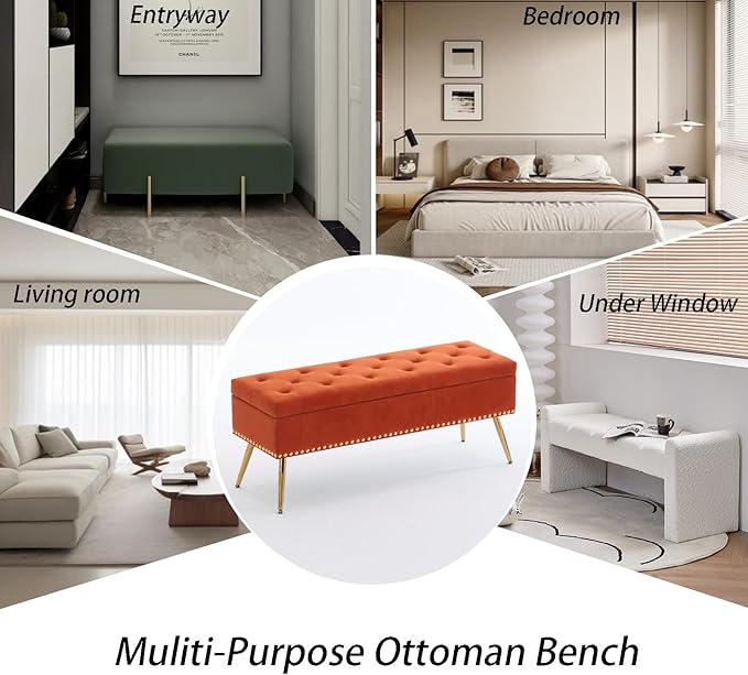 Velvet Storage Bench with Gold Legs& Nailhead Trim, 46" Wide Upholstered Modern Bedroom Bench for End of Bed, Tufted Ottoman for Entryway Living Room Dining Room (Orange, 46" Wide)