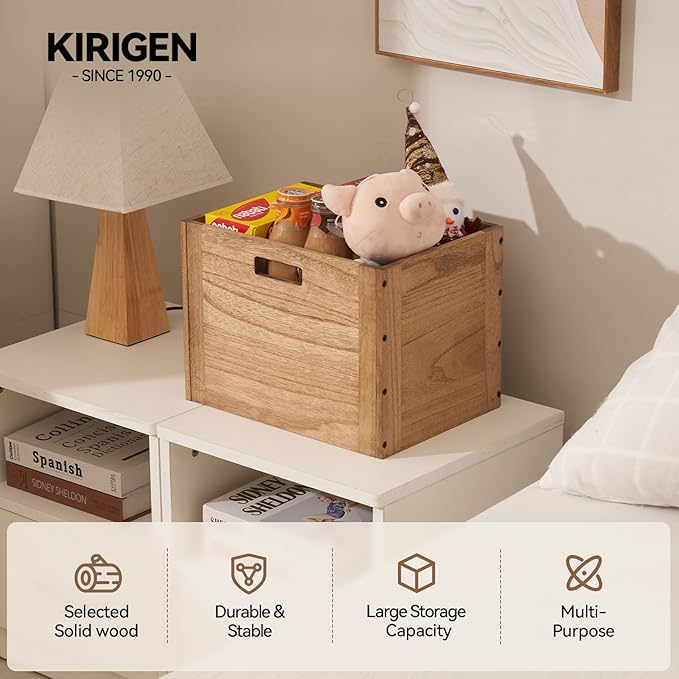 KIRIGEN Stackable Wood Storage Cube /Basket/ Bins Organizer for Home Books Clothes Toy Modular Open Cubby Storage System - Office Cubical Bookcase Closet Shelves C26-DBR