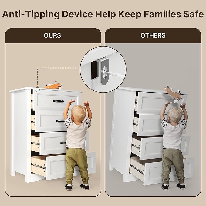 Gizoon Dresser for Bedroom with 4 Drawers Wooden Chest of Drawers for Closet Dresser Storage Unit Organizer for Hallway Living Room and Office, White