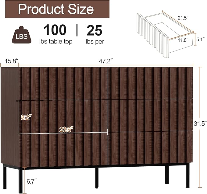 UEV Fluted Dresser for Bedroom with 6 Drawers, 47" Wide Large Chest of Drawers with Metal Stand, Mid-Century Wooden Dresser TV Stand, Closet Storage Organizer for Living Room, Hallway (Walnut)