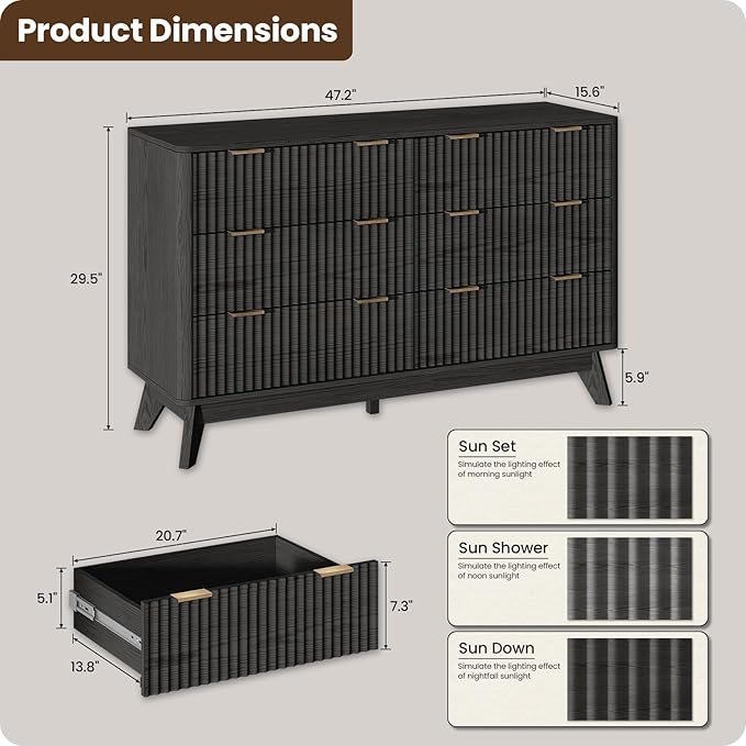 47'' Wide 6 Drawers Dresser for Bedroom,Modern Fluted Vertical Chest with Rounded Corners,Fluted Dresser for Living Room,Hallway, Black