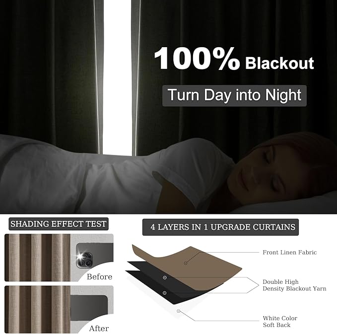 Topfinel Extra Long Total Blackout Linen Curtains 120 Inches Long for Living Room Large Window with Hooks Rings, Pinch Pleated Cold Blocking Acoustic Heavy Taupe Track Curtains 2 Panels 10 FT