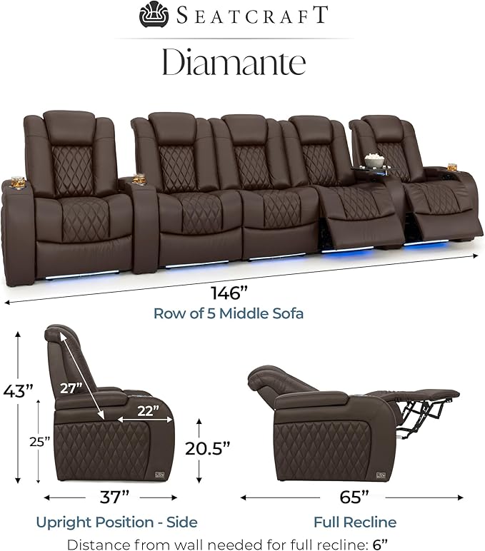 Seatcraft Diamante Zero-Gravity CoolZero Italian Leather Home Theater Seating, Power Headrest, Power Recline, Row of 5 Middle Sofa, Brown
