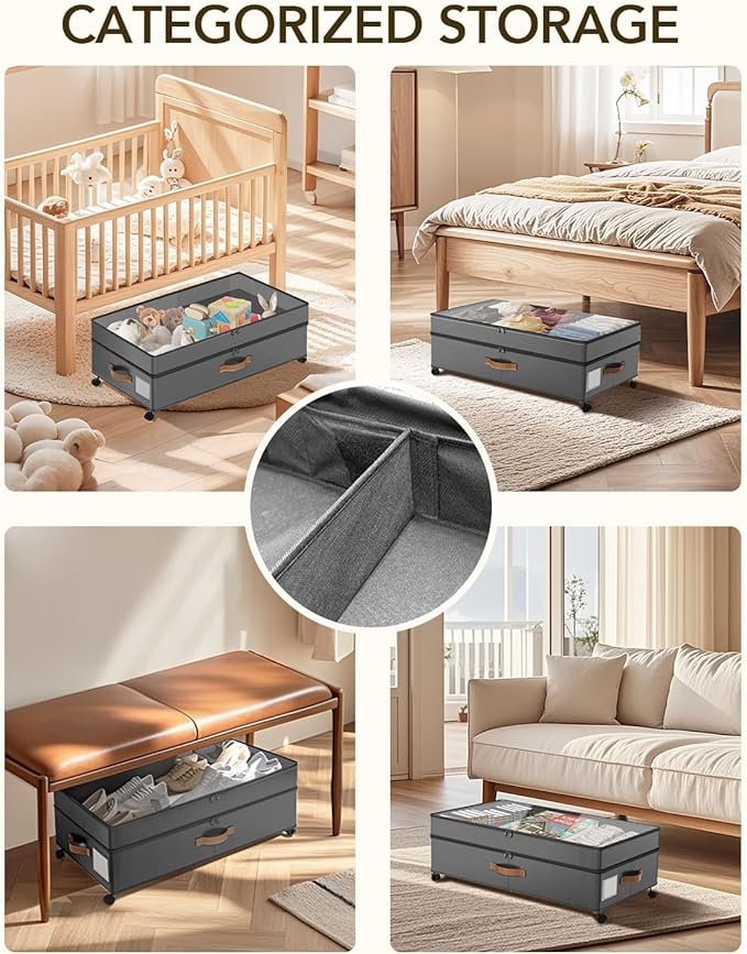 4 Pack Under Bed Storage with Wheels, Adjustable Height Storage Containers, 10 inches Large Capacity Rolling Underbed with Lids, Storage Drawers Shoes, Clothes, Blankets, Grey