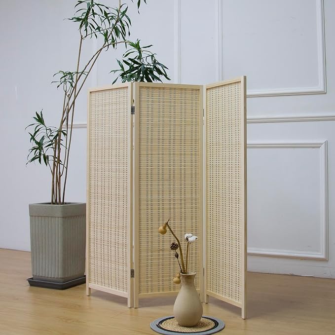 3 Panel Short Room Divider Screen,Beige Freestanding Partition,Small Bamboo Panel Divider for Room Seperation,3.95 FT Tall