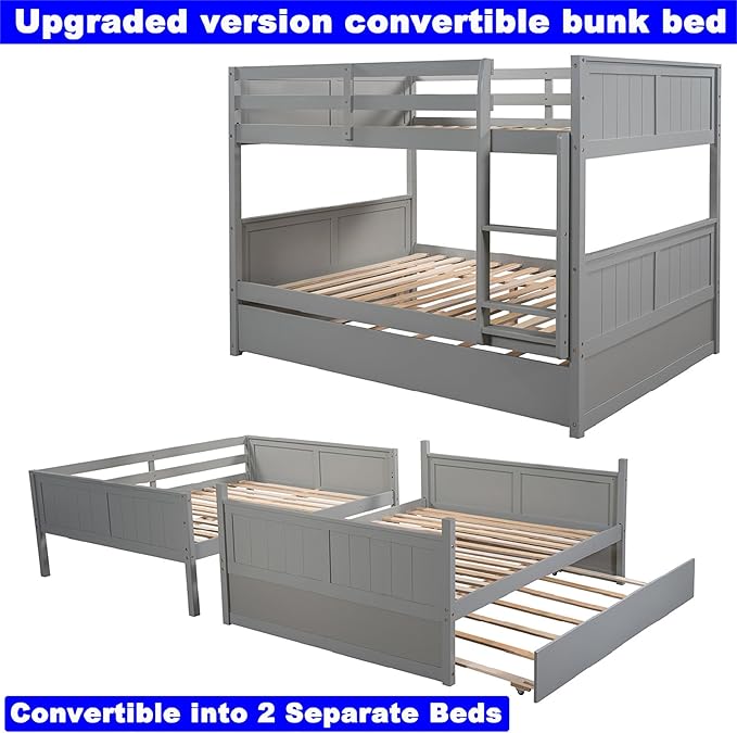 Upgraded Version Best Full Over Full Bunk Bed with Trundle, Thicken Solid Wood Full Size Bunk Bed, Bunkbed Frame Full Over Full, Convertible to 2 Beds, Easy Assembly for Adults (Grey)