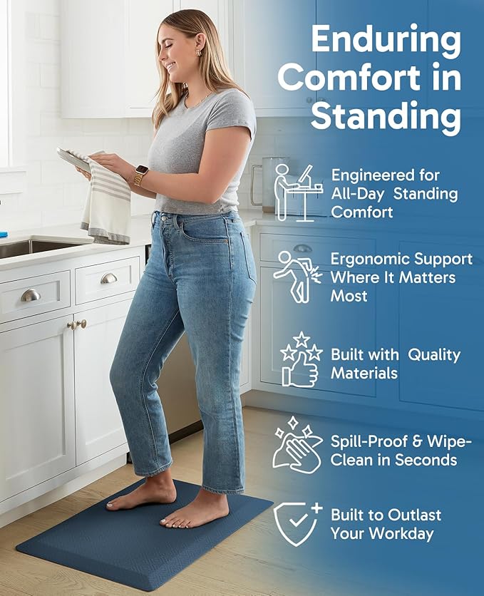 Ophanie Kitchen Mats for Floor, 3/4 inch Thick, 17x24 Anti Fatigue Cushioned Mat, Kitchen Rugs, Waterproof, Comfort Ergonomic Standing Mat for Office, Home, Sink, Blue Non-Slip Ridged Bottom