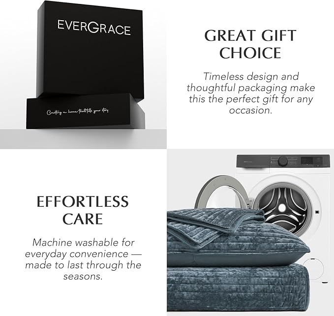 EVERGRACE Velvet Quilt Set King Size, Luxurious Soft Striped Channel Bedding Set, Lightweight Velvet Comforter for All Season, Oversized Bedspread Coverlet with 2 Matching Shams, Stormy Blue
