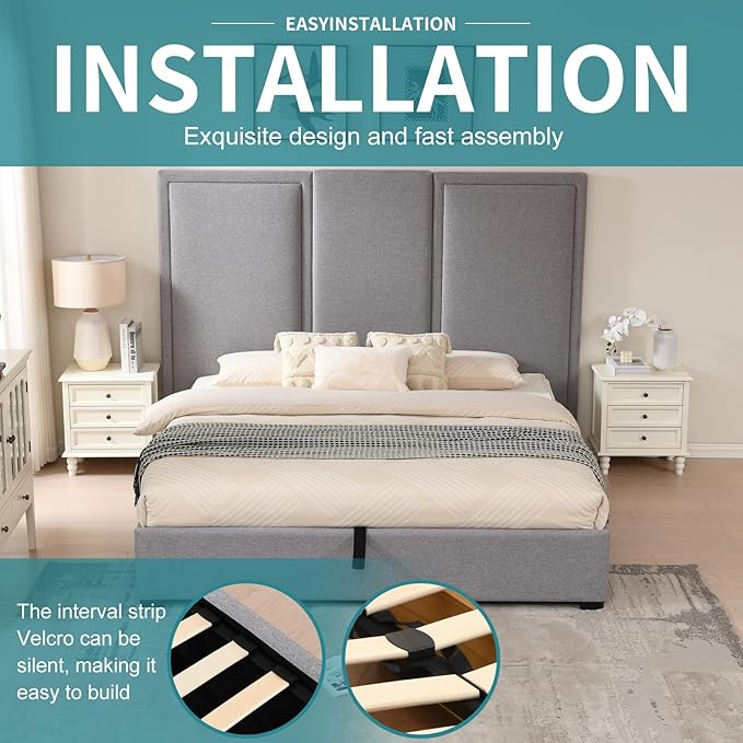 YUHUASHI King Size Bed Frame with 64-inch High Headboard, Simple and Airy Linen Upholstered Platform Bed with Storage Drawers, Wood Slat, No Noise (Grey, King(Hydraulic Lift))