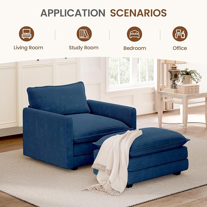 ROWHY Single Armchair with Ottoman, Modern Corduroy Cloud Couch with Convertible Chaise, Upholstered Sofa Set for Living Room and Office, Blue