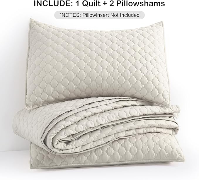 HORIMOTE HOME Quilt Set Queen Size Beige Bedspread, Modern Style Quilted Clouds Pattern Soft Coverlet Set Lightweight Microfiber for All Season, 3 Pieces Includes 1 Quilt and 2 Pillow Sham