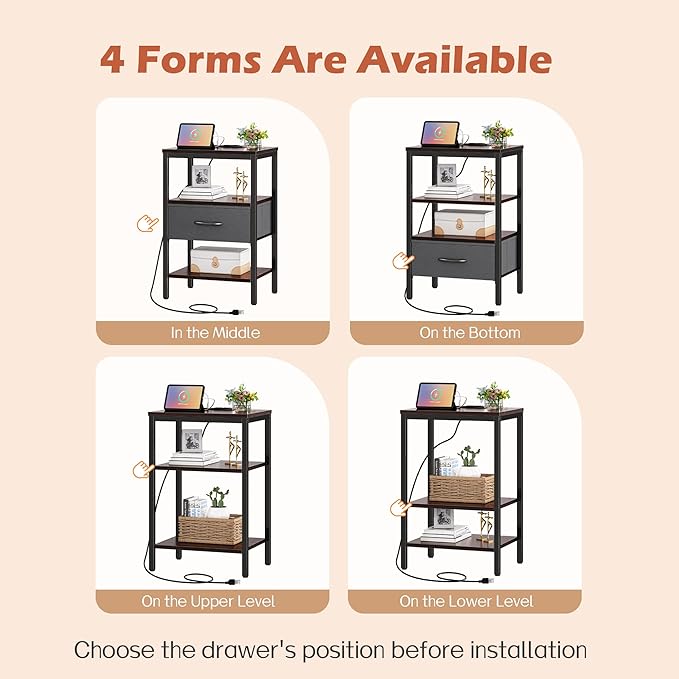 SUPERJARE Nightstand Set of 2, Bed Side Tables with Charging Station, Adjustable Fabric Drawer, Night Stand for Bedroom, 3-Tier Storage End Tables, Walnut, 8694NC