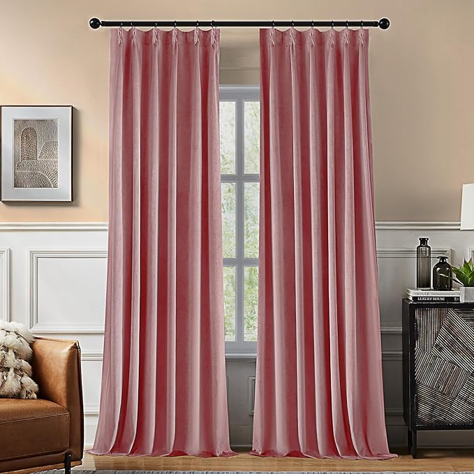 Pinch Pleated 100% Blackout Curtains for Bedroom, Pink Velvet Curtains for Living Room, Black Out Curtain 86 inch Long Room Darkening, Blackout Pinch Pleat Drapes with Hooks 2 Panels
