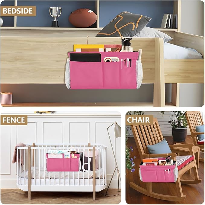 KOPIRIT Neon Rose Red Bedside Caddy Storage Bag Bedside Organizer for Dorm Room Top Bunk Bed Hanging Bag Bedside Shelf 6 Pockets with Hooks for Magazine Water Bottle Holder
