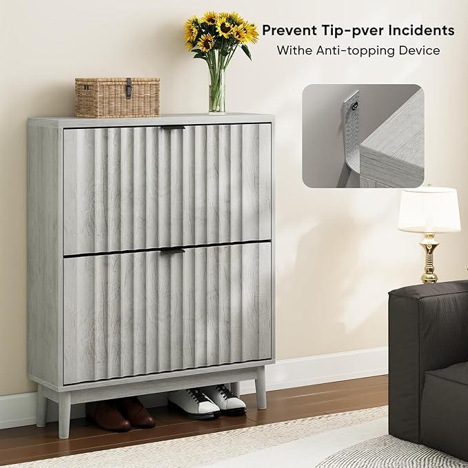 Shoe Storage Cabinet with 2 Flip Drawers, Walnut Fluted Narrow for Entryway, Slim Shoe Rack Cabinet Organizer 31.5in (Gray)