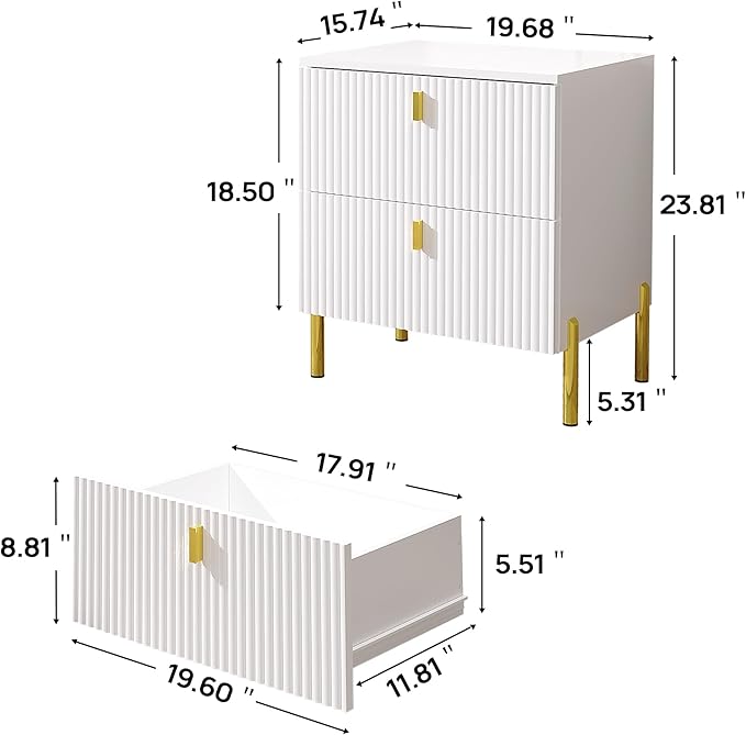 Luxury Fluted Night Stand Set of 2, Nightstand with 2 Drawers, Modern Bedside Table with Golden Legs and Handles, End Tables for Living Room Bedroom, White
