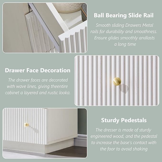 Fluted Dresser for Bedroom, White 5 Drawer Dressers, Wood Tall Dresser Storage Organizer, Chest of Drawers with Deep Storage, Modern Bedroom Chest for Closet Hallway, Entryway, Living Room