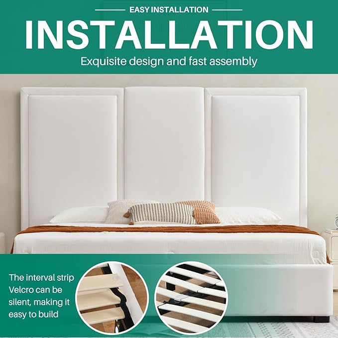 YUHUASHI King Size Bed Frame with 64-inch High Headboard, Simple and Airy Linen Upholstered Platform Bed with Storage Drawers, Wood Slat, No Noise (White, King (U.S. Standard))