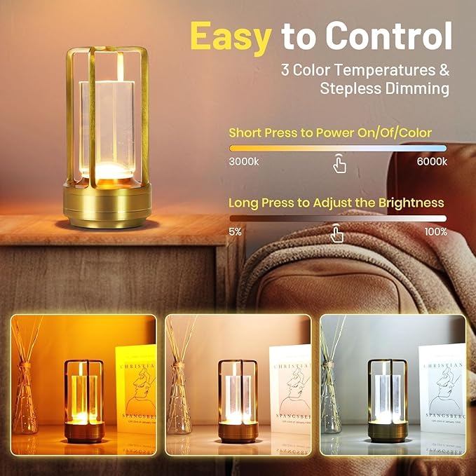 Crystal Lantern Lights Set of 2, Czgor Battery Operated Rechargeable Cordless Crystal Table Lantern Lamp with 3-Color, Small LED Desk Lamp for Indoor/Outdoor Patio Camping Bedroom Bar Restaurant(Gold)